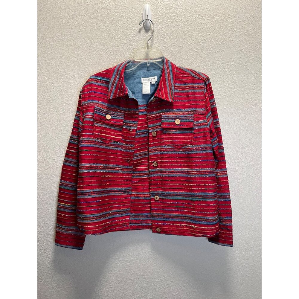 Coldwater Creek Red Multicolor Striped Jacket Button Front Cotton Blend Long Sle
